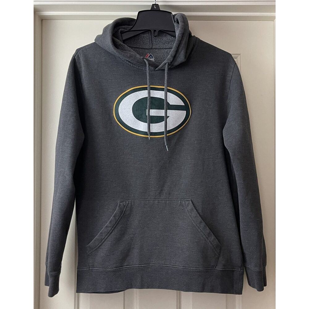 Majestic Green Bay Packers Hoodie Mens Medium Gray Sweatshirt Drawstring Logo - Picture 3 of 11